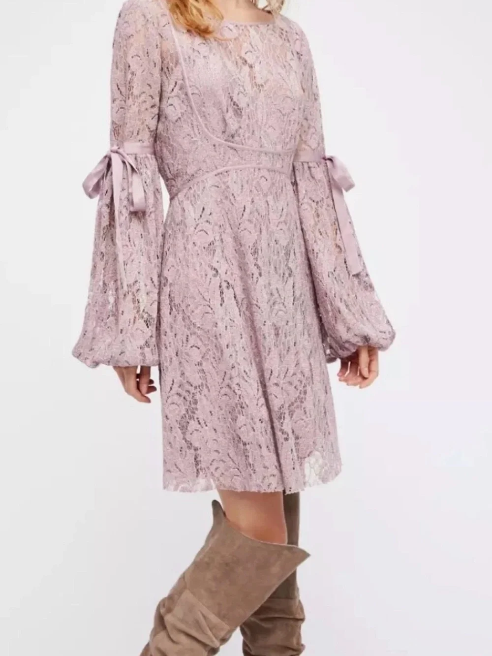 Free People Dusty Rose Lace Long-Sleeve A-Line Dress